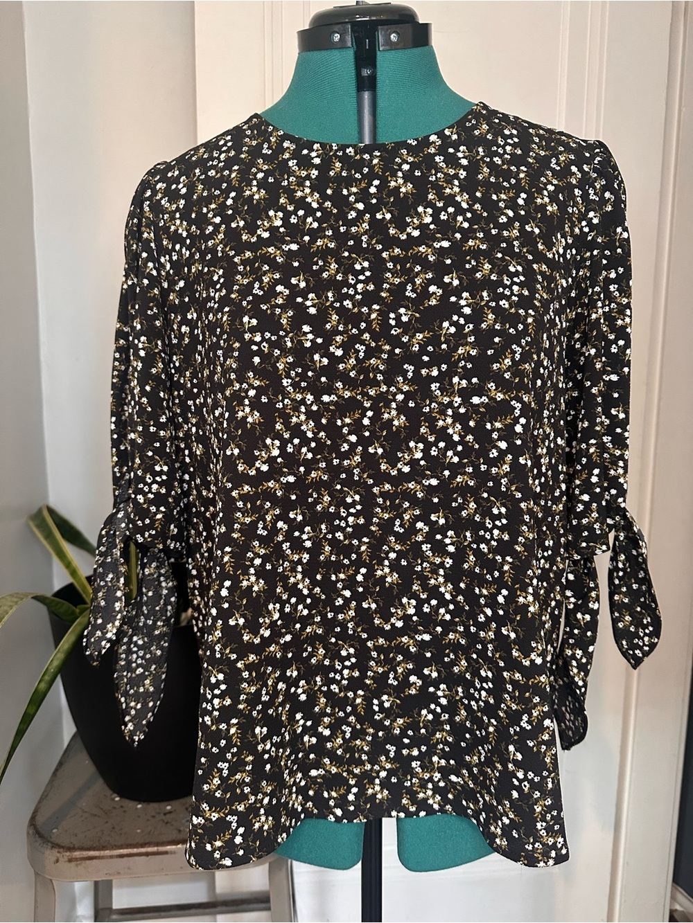 CeCe Black with Gold and Cream Floral Blouse with tie sleeves